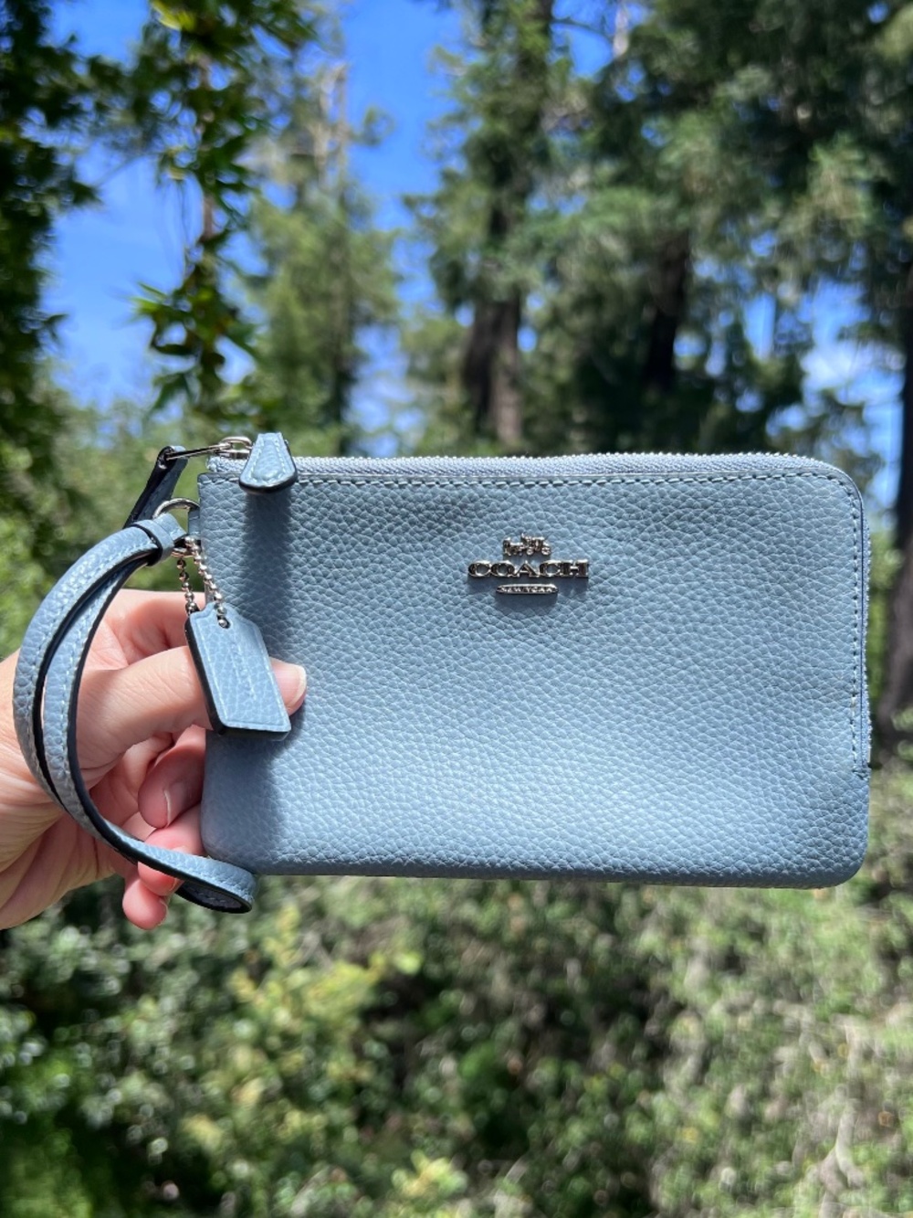 COACH Baby Blue Pebbled Leather Wristlet Wallet Double Zip Silver Hardware Pouch